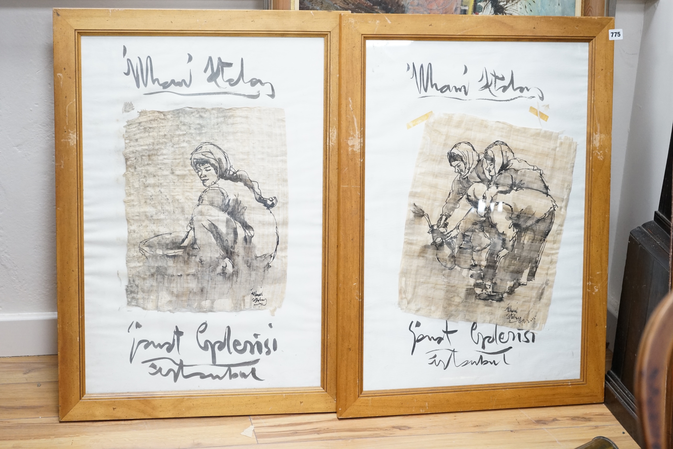 Turkish School, pair of inks, Studies of women, each indistinctly signed, overall 73 x 48cm. Condition - poor to fair